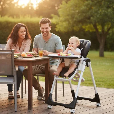Chaise haute bébé évolutive noire utilisée en extérieur, bébé mangeant à table avec ses parents dans le jardin pour un repas en plein air.