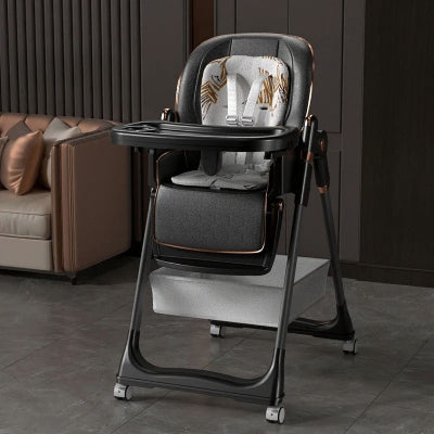 Chaise haute bébé évolutive noire moderne avec siège rembourré et repose-pieds ajustable, chaise pour bébé table élégante et sécurisée.