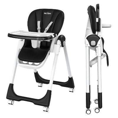 Chaise haute bébé évolutive noire avec design pliable, pratique pour le rangement et le transport tout en garantissant confort et sécurité à l’enfant.