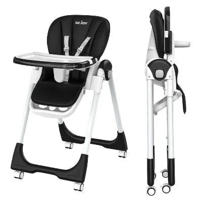 Chaise haute bébé évolutive noire avec design pliable, pratique pour le rangement et le transport tout en garantissant confort et sécurité à l’enfant.