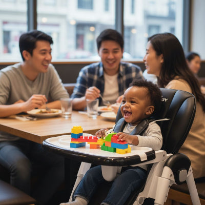 Bébé installé dans une chaise haute évolutive noire, jouant avec des briques de construction dans un restaurant, entouré de sa famille.