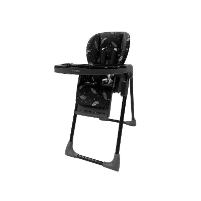 Chaise haute bébé noire design avec assise rembourrée et plateau amovible, modèle moderne 3 en 1 idéal pour repas et confort de bébé.