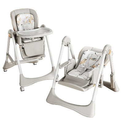 Chaise haute bébé évolutive grise avec dossier inclinable et plateau amovible, pratique et sécurisée pour les repas.