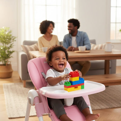 Chaise haute bébé évolutive rose utilisée comme siège de jeu, bébé jouant avec des cubes colorés pendant que ses parents partagent un moment convivial à la maison.