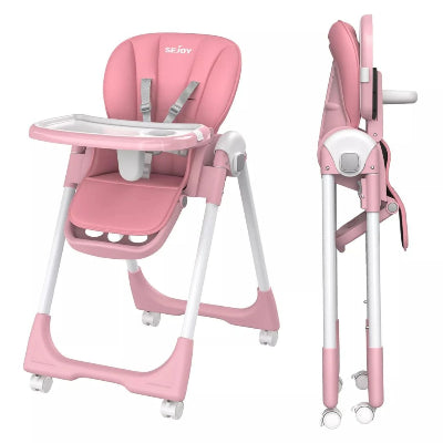 Chaise haute bébé évolutive rose, pliable et compacte, idéale pour gagner de la place et s’adapter à toutes les configurations de maison.