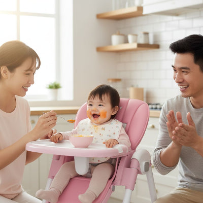 Chaise haute bébé évolutive rose avec harnais sécurisé, bébé mangeant une purée sous le regard bienveillant de ses parents dans la cuisine familiale.