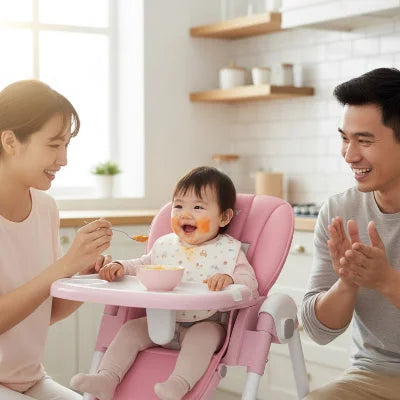 Chaise haute bébé évolutive rose avec harnais sécurisé, bébé mangeant une purée sous le regard bienveillant de ses parents dans la cuisine familiale.
