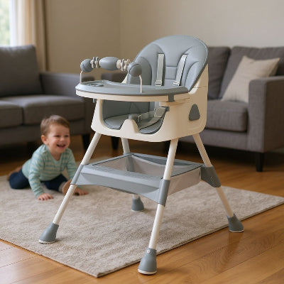 Chaise haute bébé gris perle Croquinou™ avec repose-pieds ajustable et assise rembourrée en cuir PU doux. Convient dès 4 à 6 mois, utilisable comme chaise pour bébé table, chaise haute pliable bébé et chaise évolutive pour accompagner la croissance.