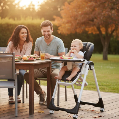 Une famille (papa, maman et bébé) profite d’un repas en extérieur, bébé installé dans une chaise haute bébé évolutive noire avec plateau repas