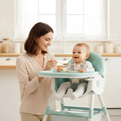 Chaise haute bébé pliable évolutive en bleu clair, dossier inclinable et assise confortable, bébé mange avec maman dans la cuisine.
