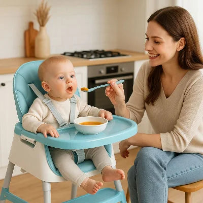 Maman donnant à manger à son bébé installé dans une chaise haute bébé pliable turquoise avec harnais 5 points et plateau repas amovible.