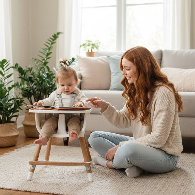 Chaise haute bébé bois évolutive convertible en chaise basse enfant, adaptée aux jeux et aux activités quotidiennes avec assise ergonomique et sécurisée.
