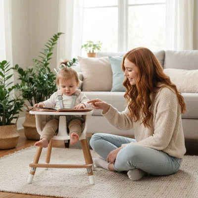 Chaise haute bébé bois évolutive convertible en chaise basse enfant, adaptée aux jeux et aux activités quotidiennes avec assise ergonomique et sécurisée.