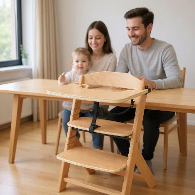 Famille avec bébé autour de la table, chaise haute en bois évolutive mise en avant, adaptée dès 6 mois pour repas sécurisés.