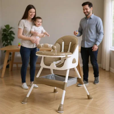 Coussin Allaitement pour Bébé mis en avant sur une chaise haute évolutive beige, parents et bébé à proximité pour un moment convivial.