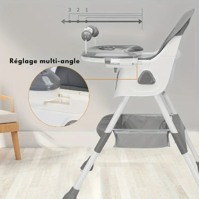 Coussin Allaitement pour Bébé sur chaise haute évolutive avec plateau réglable multi-angle et grand espace de confort.