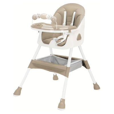 Coussin Allaitement pour Bébé assorti à une chaise haute beige sable avec harnais de sécurité et plateau amovible.