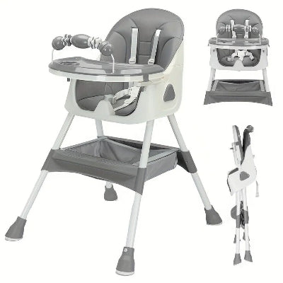Coussin Allaitement pour Bébé installé sur chaise haute évolutive gris perle, fonction pliable et design moderne.
