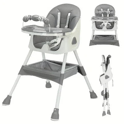 Coussin Allaitement pour Bébé installé sur chaise haute évolutive gris perle, fonction pliable et design moderne.