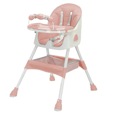 Coussin Allaitement pour Bébé sur chaise haute rose poudré, dossier rembourré et double plateau pour repas et jeux.
