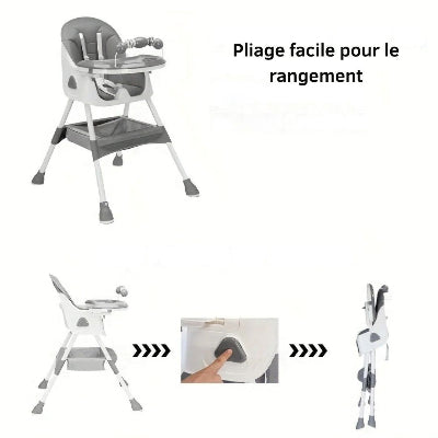 Coussin Allaitement pour Bébé associé à une chaise haute pliable compacte, facile à ranger dans les petits espaces.