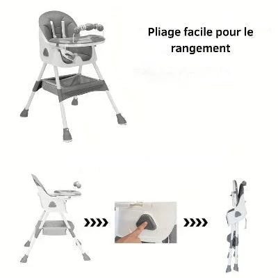 Coussin Allaitement pour Bébé associé à une chaise haute pliable compacte, facile à ranger dans les petits espaces.