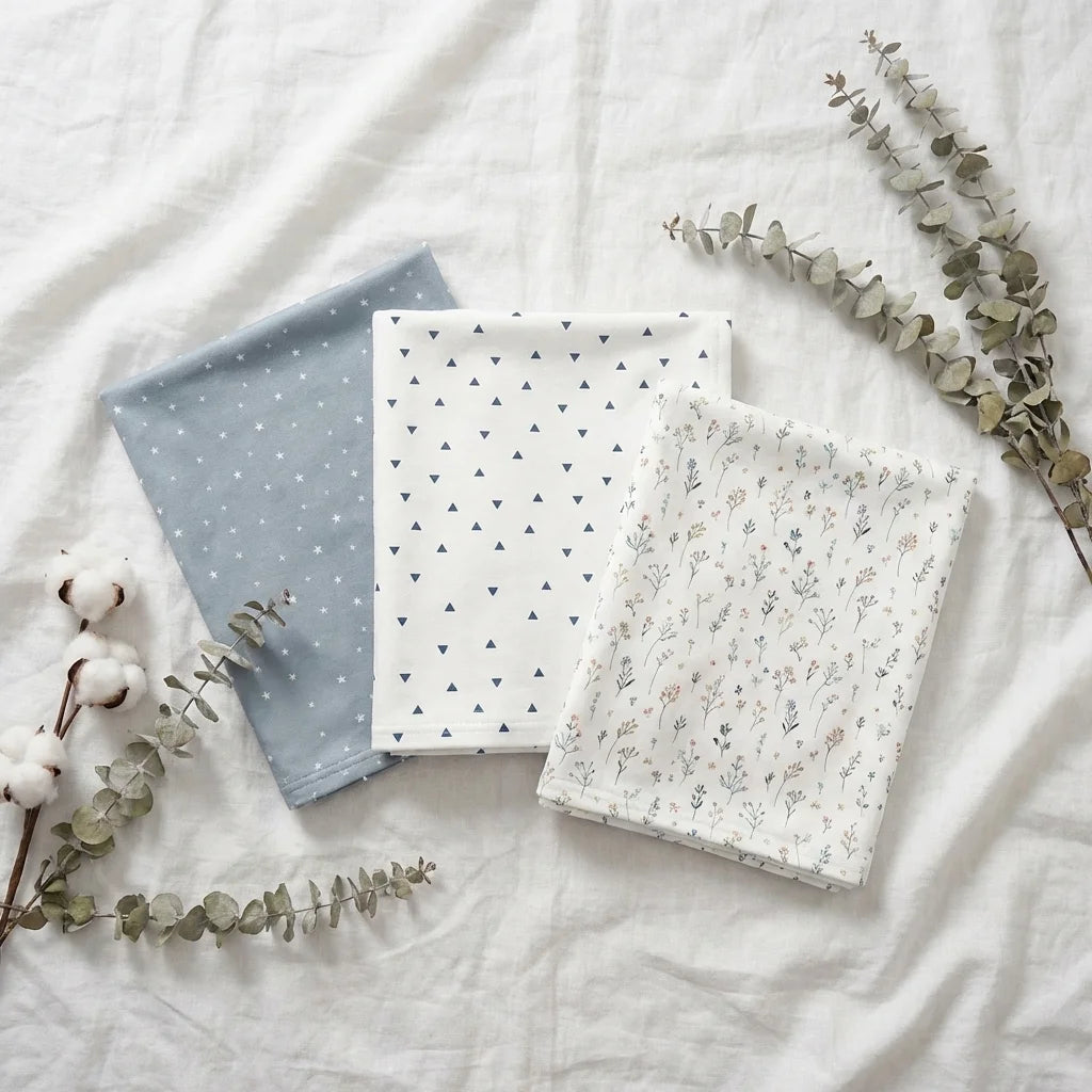 Flatlay 3 coloris châle allaitement DouxVoile™ Géo : bleu gris étoiles, blanc triangles marine, blanc botanique coloré — lin blanc eucalyptus coton