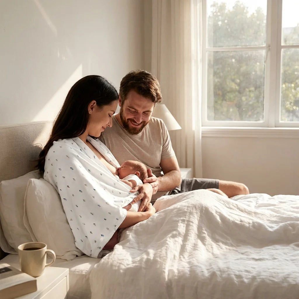 Moment famille — maman allaitant nouveau-né sous châle DouxVoile™ Géo blanc végétal avec papa souriant, lit blanc, lumière matinale douce