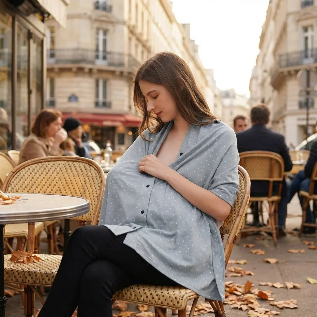 Maman allaitant discrètement sous châle DouxVoile™ Géo bleu gris étoiles — terrasse café parisien, tétée sereine en public, feuilles automne
