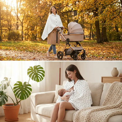 Châle allaitement DouxVoile™ Géo — collage 2 usages : promenade avec poussette parc automne et tétée bébé au sein sur canapé salon