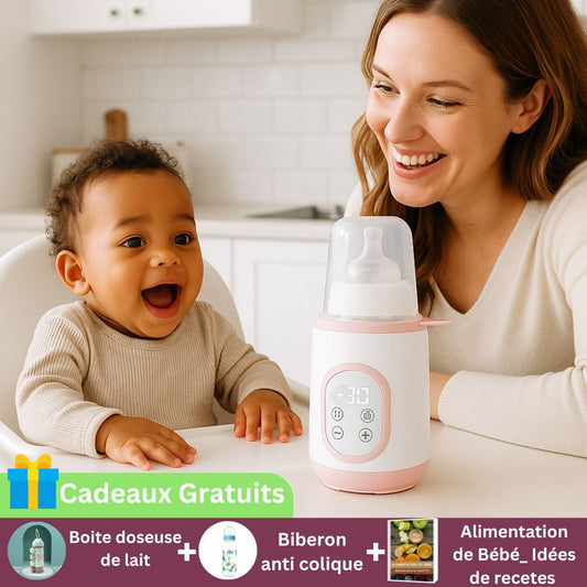Maman heureuse avec son bébé devant un chauffe biberon avec affichage 37°C, mention des cadeaux gratuits inclus : doseuse, biberon anti colique, idées recettes bébé.
