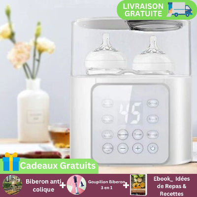 Chauffe biberon multifonction 9-en-1 avec écran LED et double compartiment, affichant 45°C, incluant des cadeaux gratuits : biberon anti colique, goupillon 3-en-1, ebook recettes bébé.