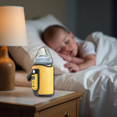 Chauffe biberon nomade sur une table de chevet près d’un bébé endormi, assurant un lait toujours à bonne température pendant la nuit.