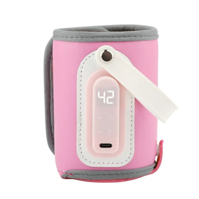 Chauffe biberon nomade rose avec affichage LED de température, design compact, léger et ajustable pour réchauffer le lait bébé à bonne température.