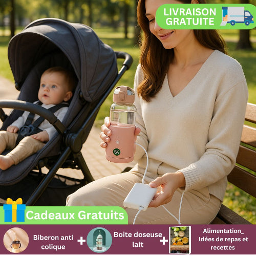 Maman assise dans un parc avec son bébé en poussette, utilisant un chauffe-biberon nomade USB rose. Offres cadeaux incluses : biberon anti-colique, boîte doseuse lait et guide allaitement.

