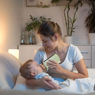 Maman donnant un biberon chaud à son bébé avec le chauffe biberon nomade MiniTétée™, en pleine nuit dans une chambre apaisante.
