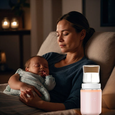 Maman tenant bébé endormi avec le chauffe biberon BabyWarm Pro™ allumé à proximité, parfait pour les tétées nocturnes sans réveiller l’enfant.