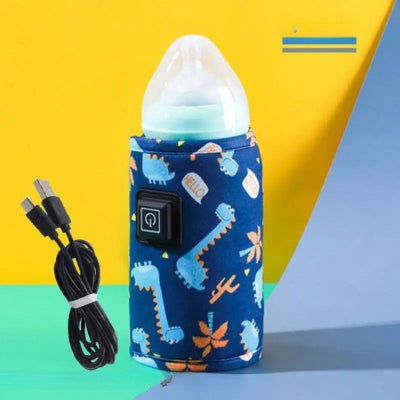 Chauffe-biberon portable motif dinosaure bleu avec câble USB inclus, connecté pour une utilisation facile en déplacement.