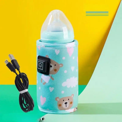 Chauffe-biberon portable motif ours vert, livré avec câble USB 1 mètre, parfait pour voiture ou balade en plein air.