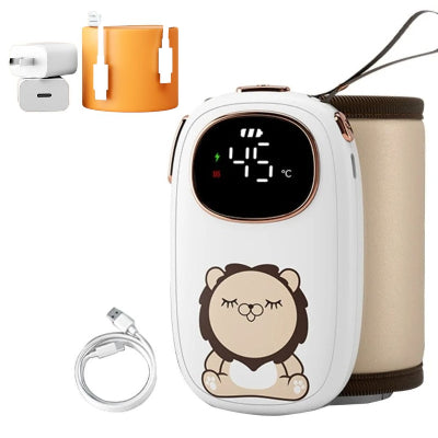 Chauffe-biberon portable blanc avec lion imprimé, affichage LCD à 45°C, câble USB-C et adaptateur rapide inclus, design compact idéal pour les déplacements avec bébé.