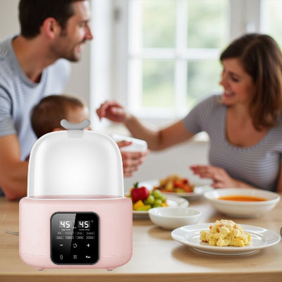Chauffe biberon rose utilisé à table en famille, idéal pour simplifier les repas de bébé au quotidien dans une ambiance chaleureuse.