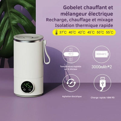 Chauffe biberon sans fil avec double batterie 3000 mAh, mélangeur électrique, température réglable, affichage numérique et recharge rapide 18W, conçu pour parents en déplacement.


