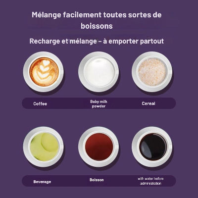 Chauffe biberon BibiGo™ utilisé pour mélanger facilement café, lait en poudre, céréales et autres boissons, idéal pour une utilisation nomade avec système de recharge intégré.