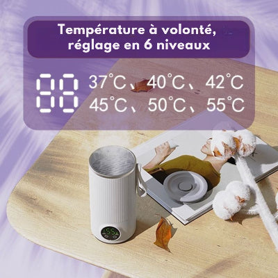 Chauffe biberon sans fil BibiGo™ avec affichage LED et réglage de température en 6 niveaux de 37 à 55°C, idéal pour lait maternel ou lait en poudre, utilisation nomade.

