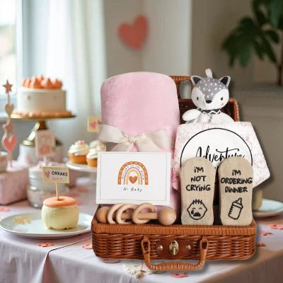 Coffret naissance bébé  mis en valeur sur une table décorée pour un baby shower, entouré de cupcakes et de décorations roses en forme de cœur.
