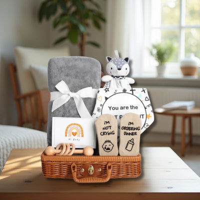Coffret Naissance Bébé posé sur une table basse dans un salon lumineux, en ambiance cocooning avec vue sur la fenêtre, idéal pour une surprise à la maison.