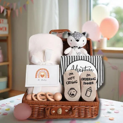 Coffret naissance bébé Toudou™ exposé sur une table décorée pour une baby shower, avec ballons pastel et fanions, idéal comme coffret cadeau fille ou garçon.