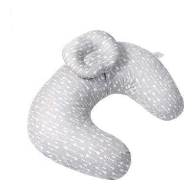 Coussin d’allaitement gris à motifs flèches blanches, design moderne, soutien optimal pour allaitement ou biberon, oreiller intégré amovible