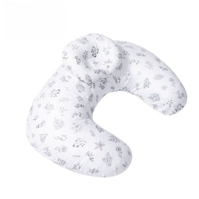 Coussin d’allaitement motif herbiers gris sur fond blanc, forme ergonomique parfaite pour allaitement confortable et maintien du dos