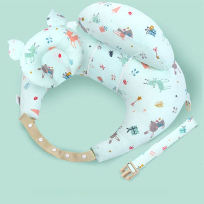 Coussin allaitement avec oreiller pour bébé et ceinture réglable, motif faon et lapin sur fond vert menthe, conçu pour soutenir la maman et maintenir bébé dans une position idéale pendant la tétée.

